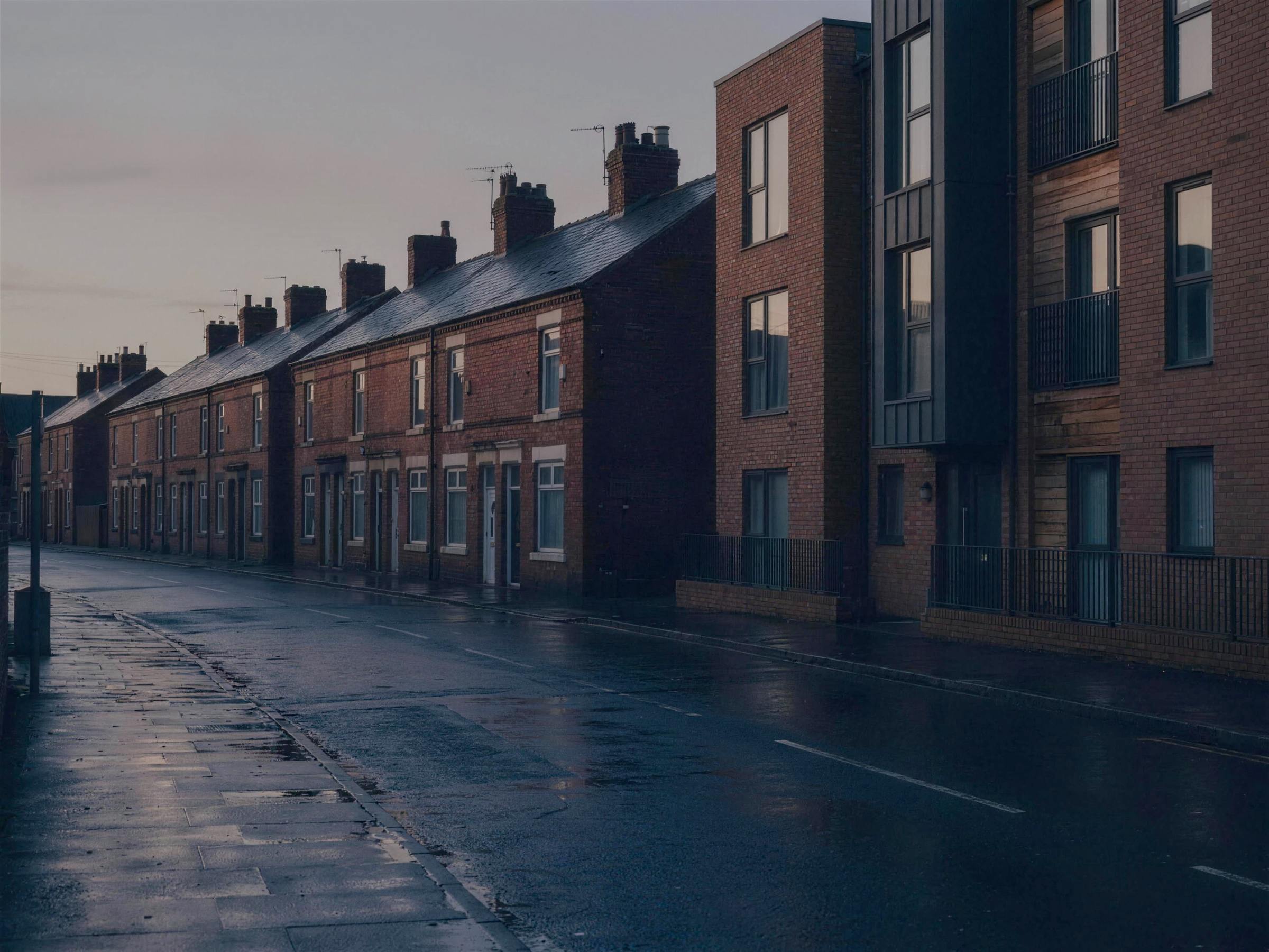 A completed housing scheme at dusk.